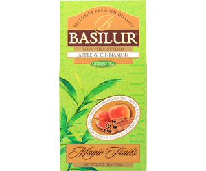 Basilur Apple & Cinnamon - zielona, liściasta herbata cejlońska z dodatkiem ananasa, cynamonu oraz naturalnego aromatu jabłka i cynamonu. Ozdobne, zielone pudełko z logo Basilur.