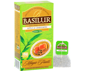 Basilur Apple Cinnamon - zielona herbata cejlońska z dodatkiem aromatu jabłka i cynamonu. 25 biodegradowalnych torebek w ozdobnym, zielonym pudełku z logo Basilur.
