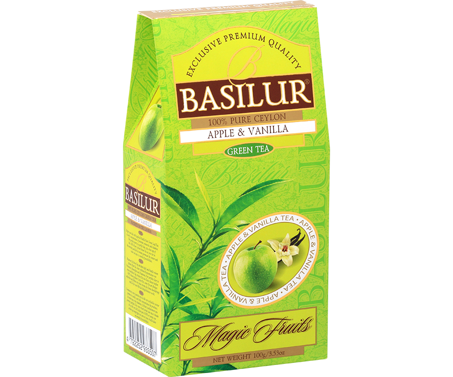 Basilur Apple Vanilla - zielona herbata cejlońska z dodatkiem ananasa, szarłatu oraz aromatu wanilii i jabłka. 100 gramów liści w ozdobnym, zielonym pudełku z logo Basilur.