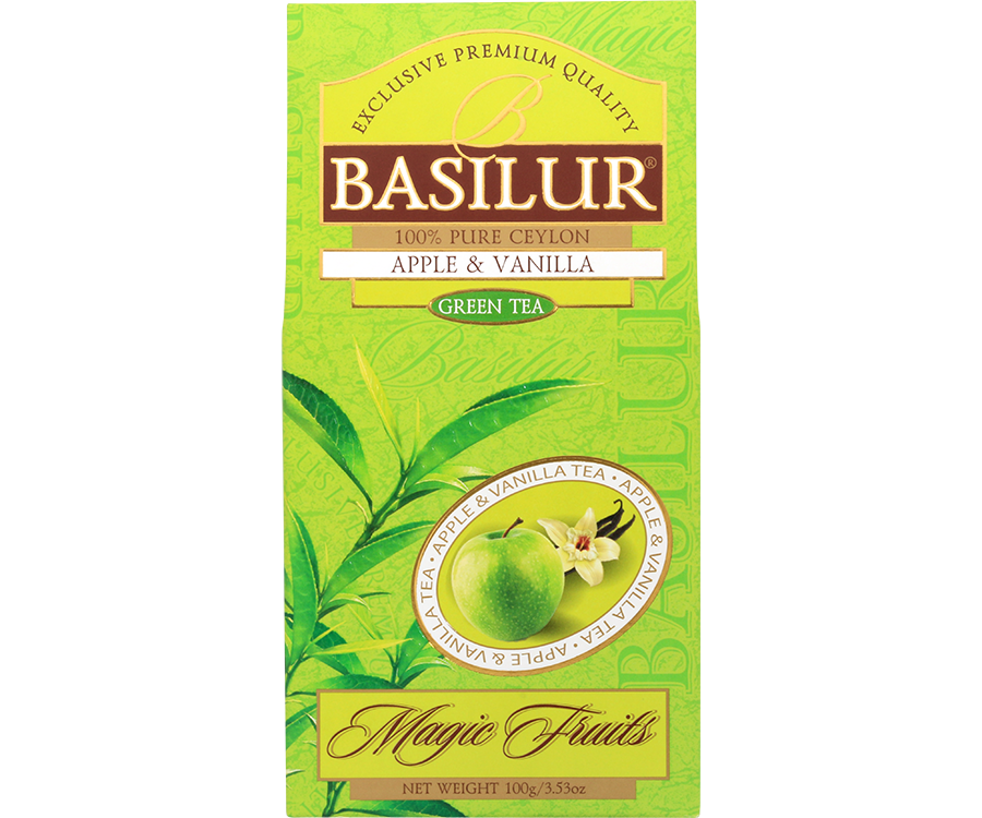 Basilur Apple Vanilla - listki zielonej herbaty cejlońskiej Young Hyson z dodatkiem ananasa, szarłatu oraz aromatu wanilii i jabłka.