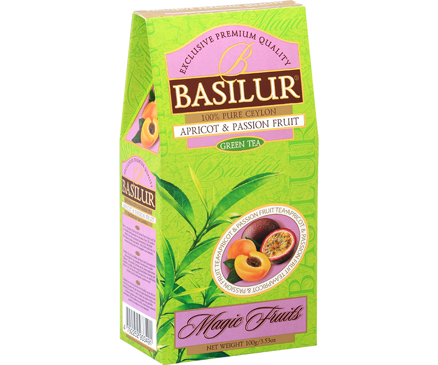 Basilur Apricot & Passion Fruit - zielona herbata cejlońska z dodatkiem moreli, mango oraz aromatu moreli, mango i marakui. 100 gramów liści w ozdobnym, zielonym pudełku z logo Basilur.