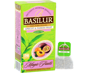 Basilur Apricot & Passion Fruit - zielona herbata cejlońska z dodatkiem naturalnego aromatu moreli i marakui. 25 biodegradowalnych torebek w ozdobnym, zielonym pudełku z logo Basilur.