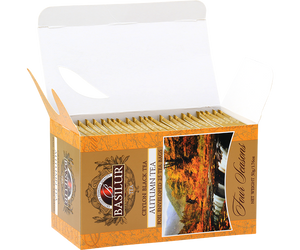 Basilur Autumn Tea - herbata czarna ekspresowa z dodatkiem aromatu syropu klonowego. Pomarańczowe, ozdobne pudełko z jesiennym motywem.