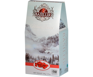 Basilur Barberries - czarna liściasta herbata cejlońska z dodatkiem owoców berberysu, chabru oraz aromatem berberysu. Ozdobne pudełko z zimowym motywem.