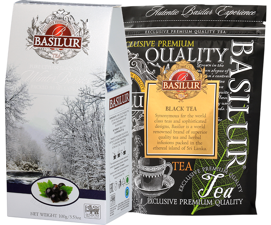 Basilur Blackcurrant - czarna liściasta herbata cejlońska z dodatkiem owoców czarnej porzeczki, białego chabru oraz aromatu porzeczki. Ozdobne opakowanie z zimowym motywem.
