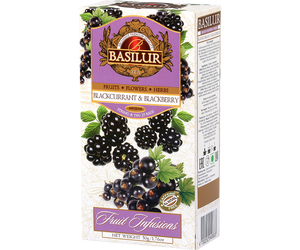 Basilur Blackcurrant&Blackberry - owocowa herbata bezkofeinowa z dodatkiem hibiskusa, liści stewii, jabłka, skórki pomarańczy oraz aromatu czarnej porzeczki, jeżyny i cytryny. Ozdobne opakowanie z owocowym motywem.