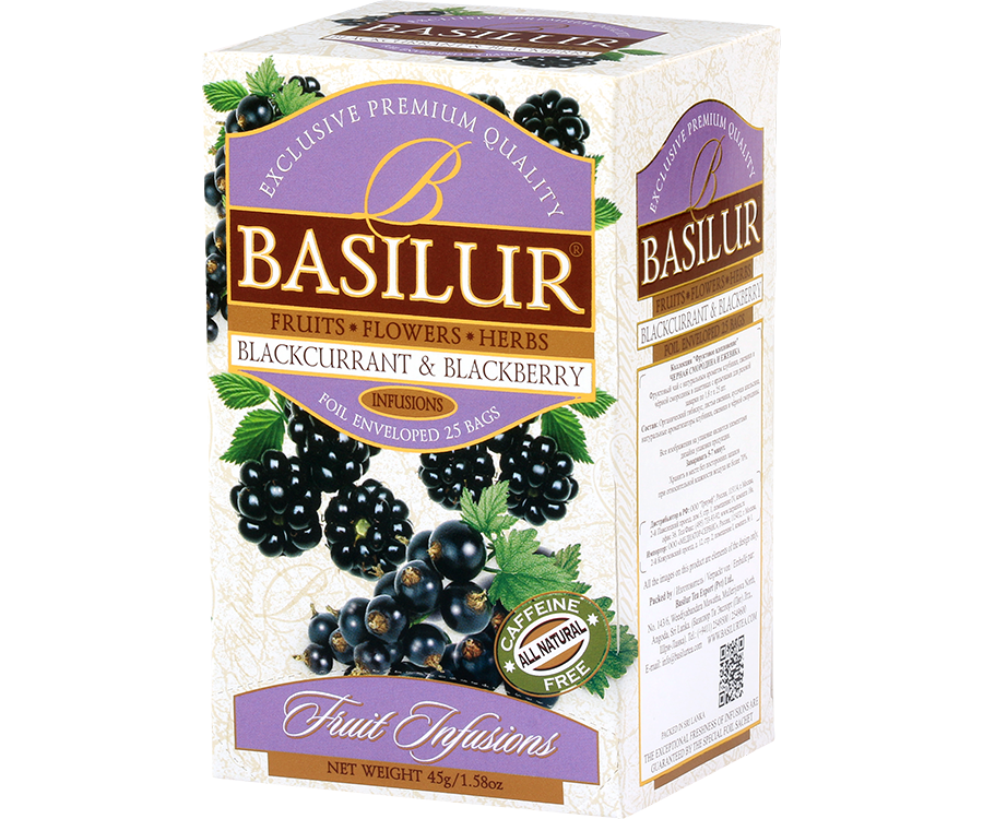 Basilur Blackcurrant&Blackberry - owocowa herbata bezkofeinowa z dodatkiem hibiskusa, jabłka, jeżyn, skórki pomarańczy oraz aromatu truskawki, jeżyny i czarnej porzeczki. Ozdobne opakowanie z owocowym motywem.