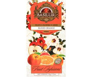 Basilur Blood Orange - owocowa herbata bezkofeinowa z dodatkiem hibiskusa, liści stewii, skórki pomarańczy, jabłka oraz aromatu pomarańczy i cytryny. Ozdobne opakowanie z owocowo-kwiatowym motywem.