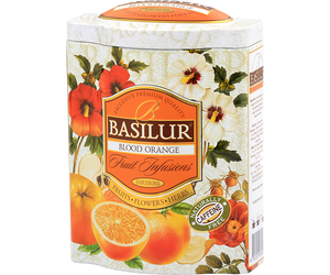 Basilur Blood Orange - Owocowa herbata bezkofeinowa z dodatkiem jabłka, hibiskusa, dzikiej róży, skórki pomarańczy, kwiatu pomarańczy, nagietka oraz aromatu pina colada, pomarańczy i śmietanki w puszce. Ozdobna puszka z owocowym motywem.