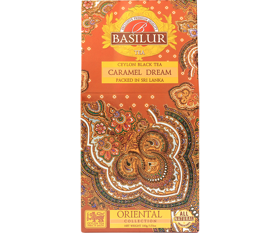 Basilur Caramel Dream - listki czarnej herbaty cejlońskiej Broken Orange Pekoe z dodatkiem naturalnego aromatu karmelu.