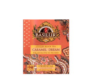 Basilur Caramel Dream - czarna herbata cejlońska z naturalnym aromatem karmelu w ekspresowych torebkach w kopertach. Ozdobne, pomarańczowe pudełko z orientalnym motywem.