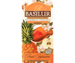 Basilur Caribbean Cocktail - owocowa herbata bezkofeinowa z dodatkiem rodzynek, papai, jabłka, wiśni, hibiskusa, skórki pomarańczy, chabru oraz aromatu ananasa i kokosa. Ozdobne opakowanie z owocowym motywem.