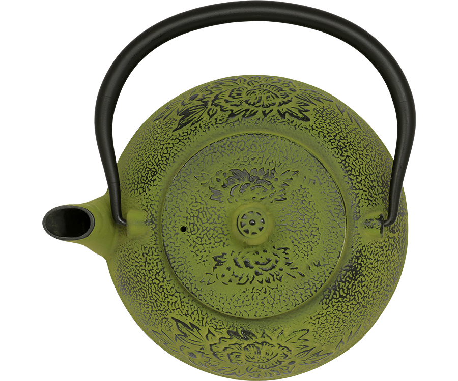 Basilur Dzbanek żeliwny – naczynie do parzenia herbaty w zielonym kolorze o pojemności 1,1 l. Zdobienie w kształcie kwiatów.