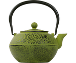 Basilur Dzbanek żeliwny – naczynie do parzenia herbaty w zielonym kolorze o pojemności 1,1 l. Zdobienie w kształcie kwiatów.