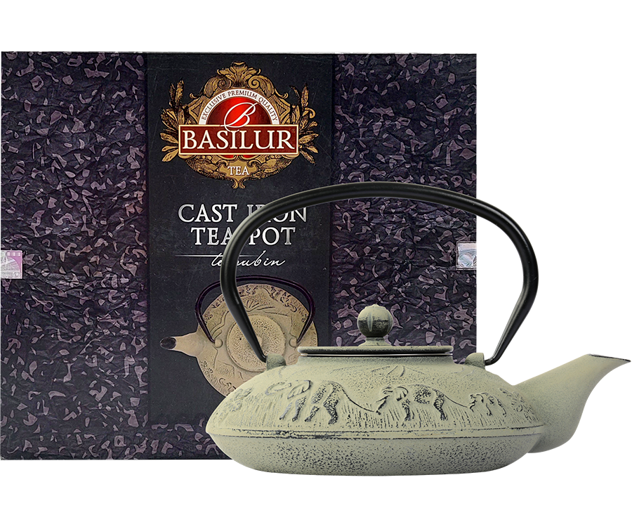 Basilur Dzbanek żeliwny – naczynie do parzenia herbaty w szarym kolorze o pojemności 1,1 l. Zdobienie w kształcie słoni.