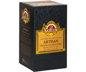 Basilur Ceylon Golden Long - ekskluzywna czarna herbata cejlońska bez dodatków. Czarne opakowanie z wyszukanym zdobieniem.