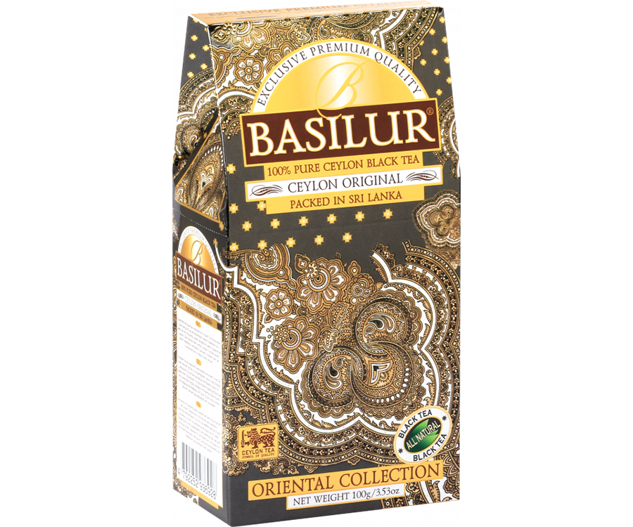 Basilur Original - czarna herbata cejlońska o dużych listkach OPA. Ozdobne, brązowe pudełko z orientalnym motywem.