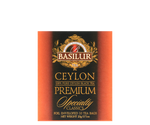 Basilur Ceylon Premium - czarna herbata cejlońska w ozdobnej, pomarańczowej kopercie.