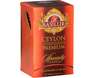 Basilur Ceylon Premium - czarna herbata cejlońska w kopertach. Ozdobne, pomarańczowe pudełko z logo Basilur.