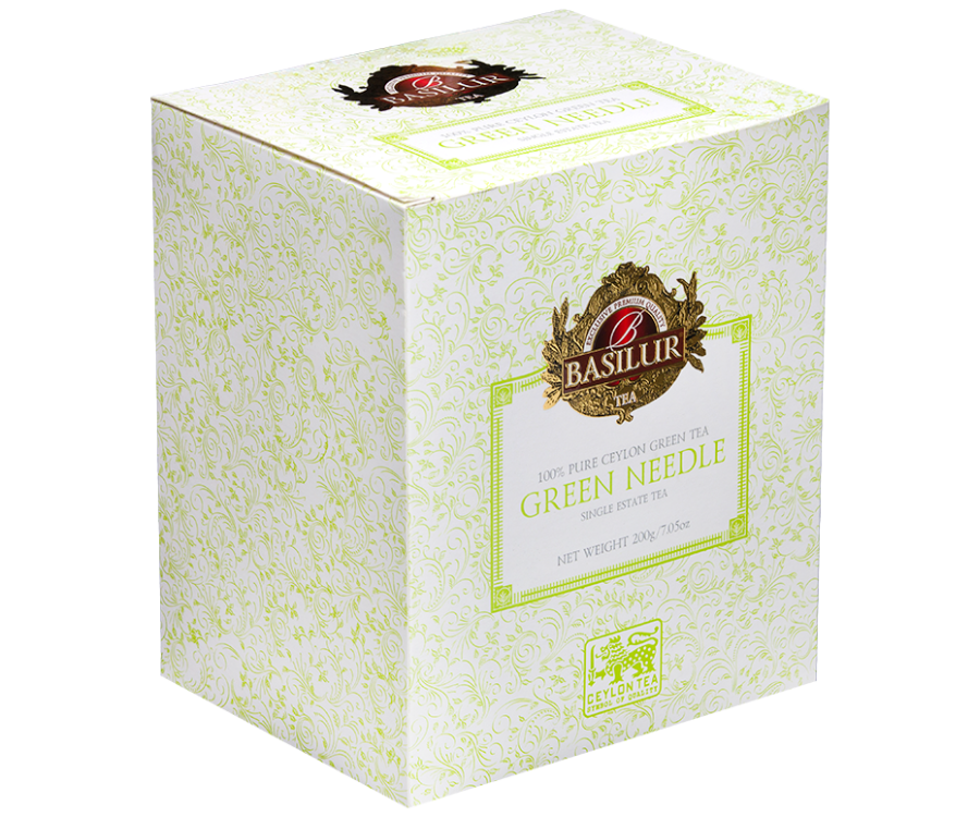 Basilur Ceylon Tea Green Needle – ręcznie zbierane liście zielonej herbaty cejlońskiej zamknięte w drewnianej skrzynce.