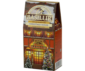 Basilur Christmas House - czarna herbata z dodatkiem białego i czerwonego chabru oraz aromatu marcepanu. Ozdobne opakowanie z grafiką domku.