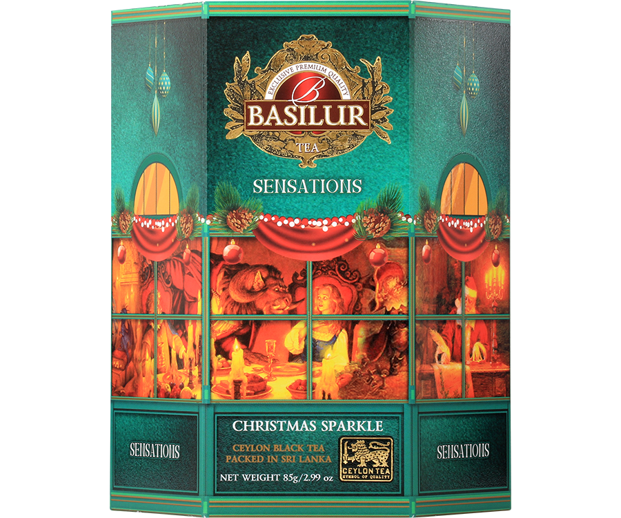 Basilur Christmas Sparkle - czarna herbata cejlońska ze starannie wyselekcjonowanych liści Orange Pekoe z dodatkiem pączków jaśminu i aromatu waty cukrowej. Prezentowe opakowanie z motywem Świąt Bożego Narodzenia.