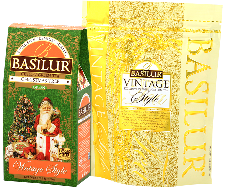 Basilur Christmas Tree – zielona herbata cejlońska z dodatkiem wiśni, jabłka, chabru oraz aromatu mango, marakui i limonki. Zielone pudełko ze świątecznym motywem.