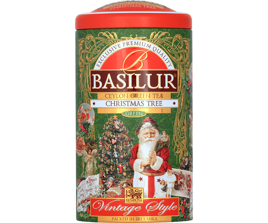 Basilur Christmas Tree - zielona herbata cejlońska z dodatkiem wiśni, jabłka, chabru oraz aromatu mango, marakui i limonki. Ozdobna puszka ze świątecznym motywem.