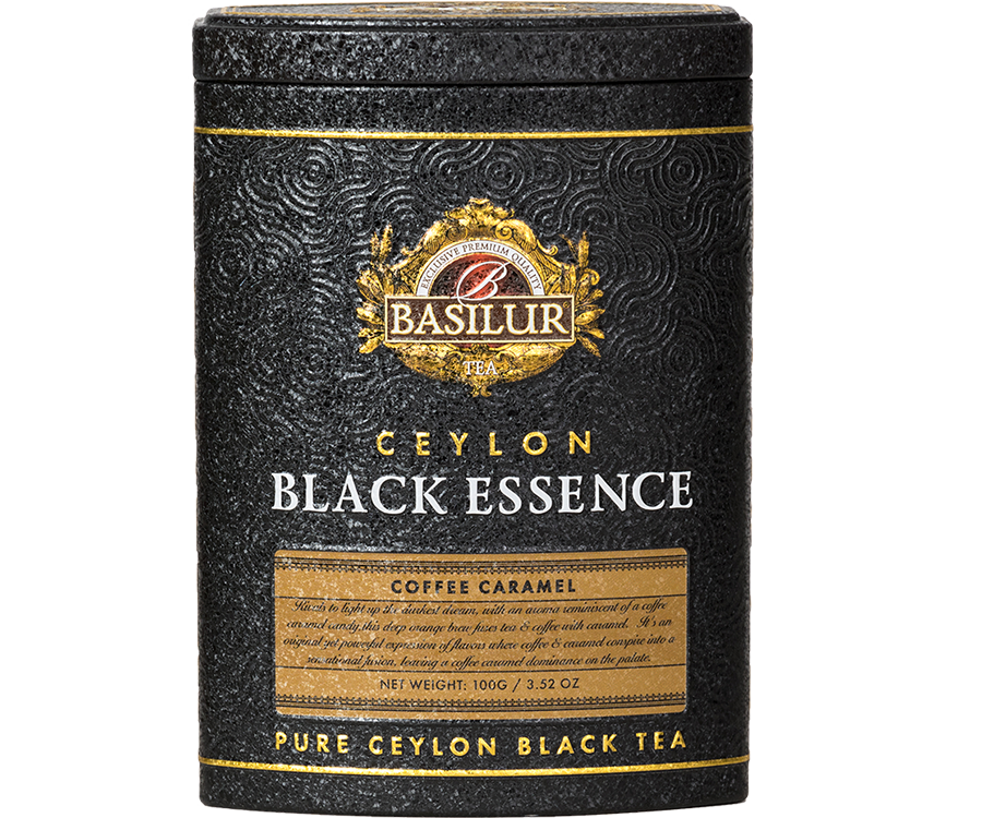 Basilur Coffee Caramel - czarna herbata cejlońska z dodatkiem kawy, chabru oraz aromatu kawy karmelowej i karmelu w puszce.