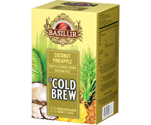 Basilur Cold Brew Coconut Pineapple - owocowa herbata bezkofeinowa z dodatkiem hibiskusa, owoców dzikiej róży, pomarańczy, liści pomarańczy, stewii oraz naturalnego aromatu kokosa i ananasa. Ozdobne opakowanie z owocowym motywem.