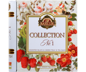 Basilur Collection No. I – zestaw czarnych i zielonych herbat; 4 smaki. Zdobiona puszka w kształcie książki. 