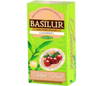 Basilur Cranberry - zielona herbata cejlońska z dodatkiem aromatu żurawiny. 25 biodegradowalnych torebek w ozdobnym, zielonym pudełku z logo Basilur.