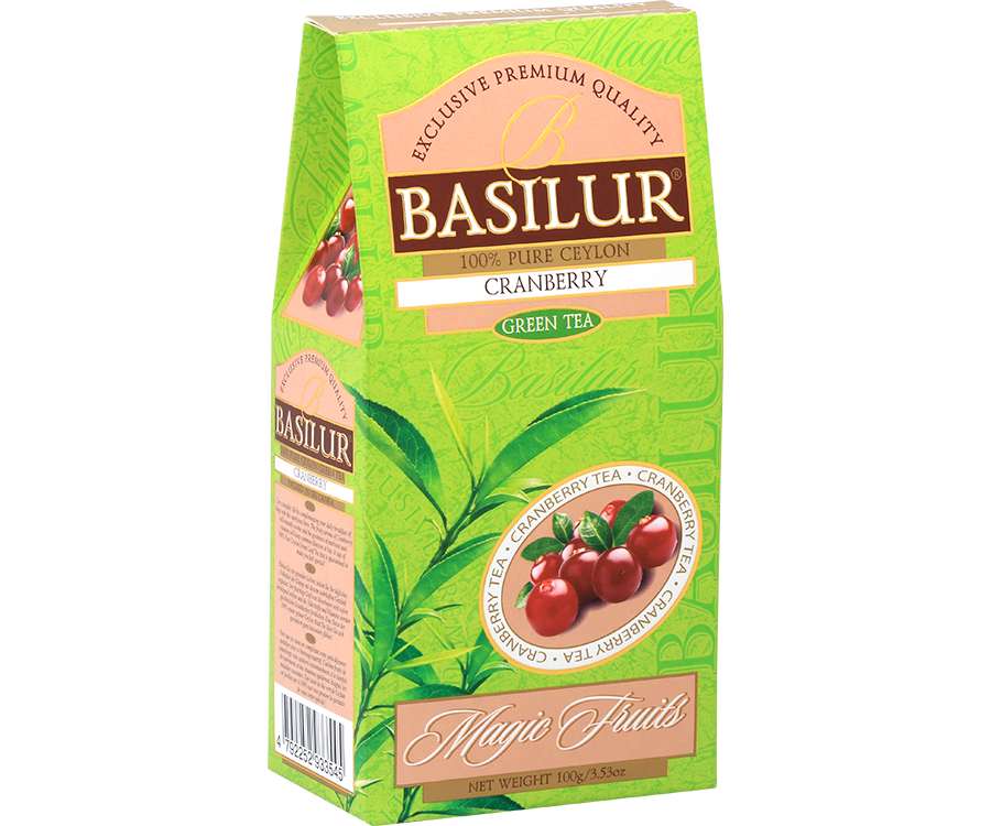 Basilur Cranberry - liściasta zielona herbata cejlońska z dodatkiem owoców oraz aromatu żurawiny. 100 gramów listków w zielonym, ozdobnym pudełku z logo Basilur.