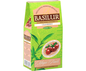 Basilur Cranberry - liściasta zielona herbata cejlońska z dodatkiem owoców oraz aromatu żurawiny. 100 gramów listków w zielonym, ozdobnym pudełku z logo Basilur.