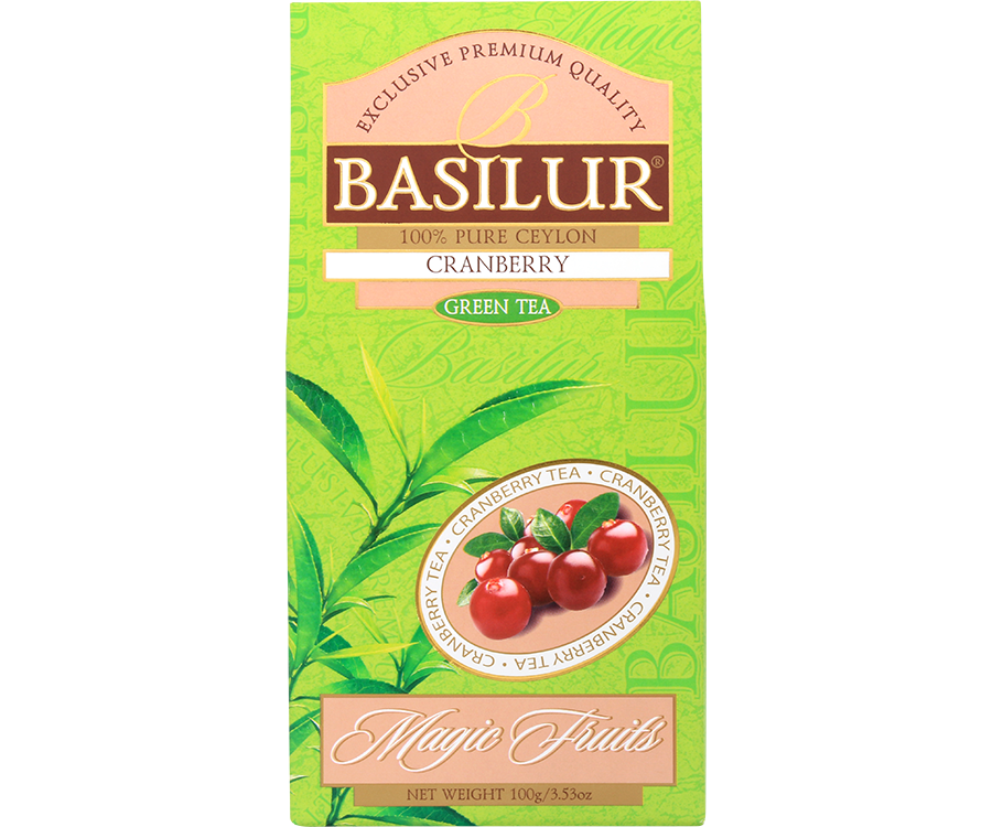Basilur Cranberry - listki zielonej herbaty cejlońskiej Young Hyson z owocami żurawiny i aromatem żurawiny. 