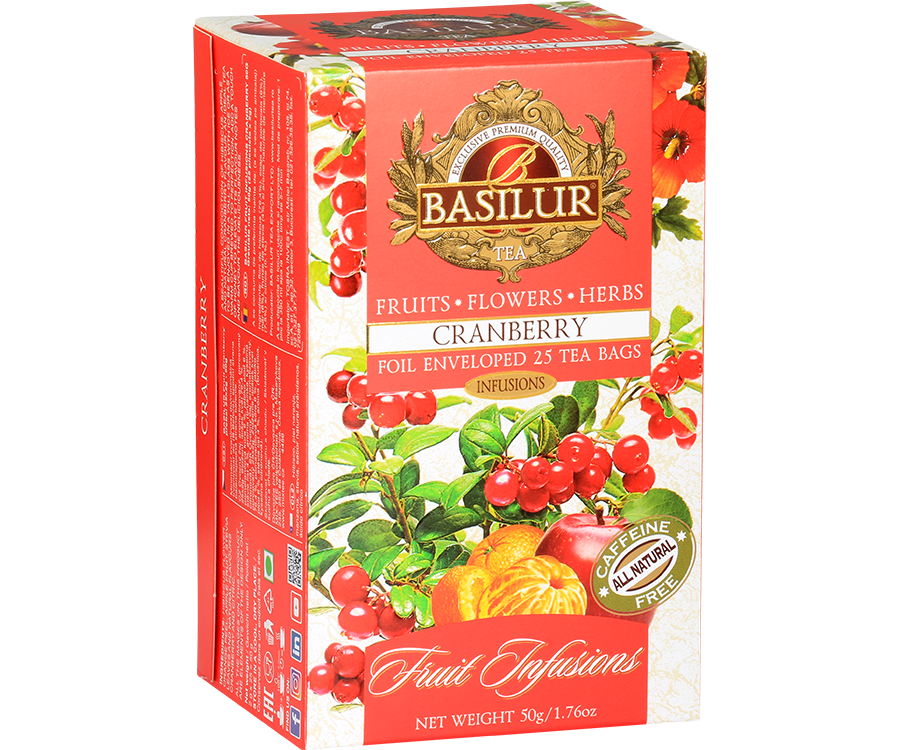 Basilur Cranberry - owocowa herbata bezkofeinowa z dodatkiem hibiskusa, liści stewii, jabłka, skórki pomarańczy oraz aromatu żurawiny i cytryny. Ozdobne opakowanie z owocowym motywem.