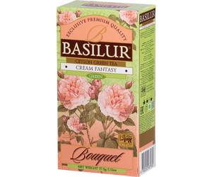 Basilur Cream Fantasy - herbata zielona ekspresowa z dodatkiem aromatu truskawki i wanilii. Zielone, ozdobne pudełko z kwiatowym motywem.
