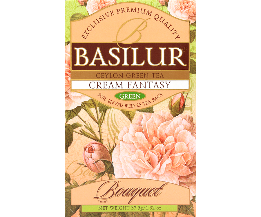Basilur Cream Fantasy - herbata zielona ekspresowa z dodatkiem aromatów truskawki i wanilii. Zielone, ozdobne pudełko z kwiatowym motywem.