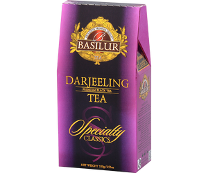 Basilur Darjeeling - indyjska, liściasta czarna herbata Darjeeling. Ozdobne, fioletowe pudełko z logo Basilur.