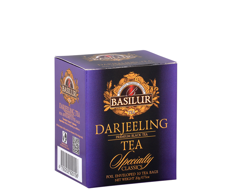Basilur Darjeeling - czarna herbata indyjska Darjeeling w kopertach. Ozdobne, fioletowe pudełko z logo Basilur.