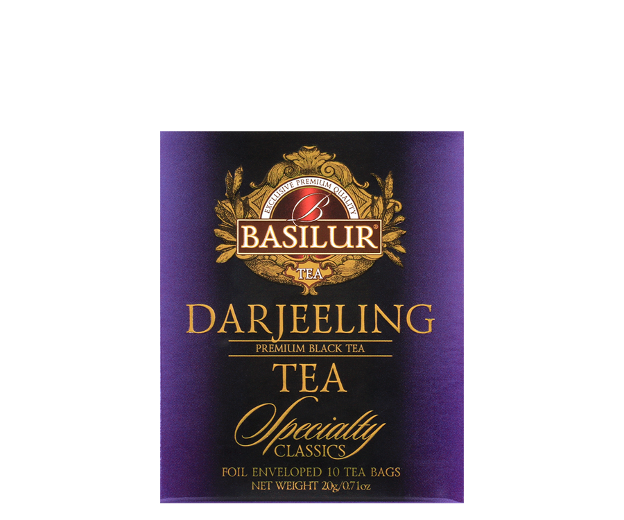 Basilur Darjeeling - czarna herbata indyjska Darjeeling w kopertach. Ozdobne, fioletowe pudełko z logo Basilur.