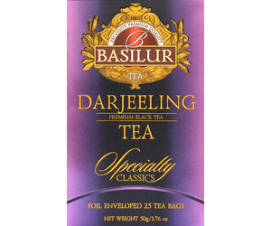 Basilur Darjeeling - czarna herbata indyjska Darjeeling w torebkach. Ozdobne, fioletowe pudełko z logo Basilur.
