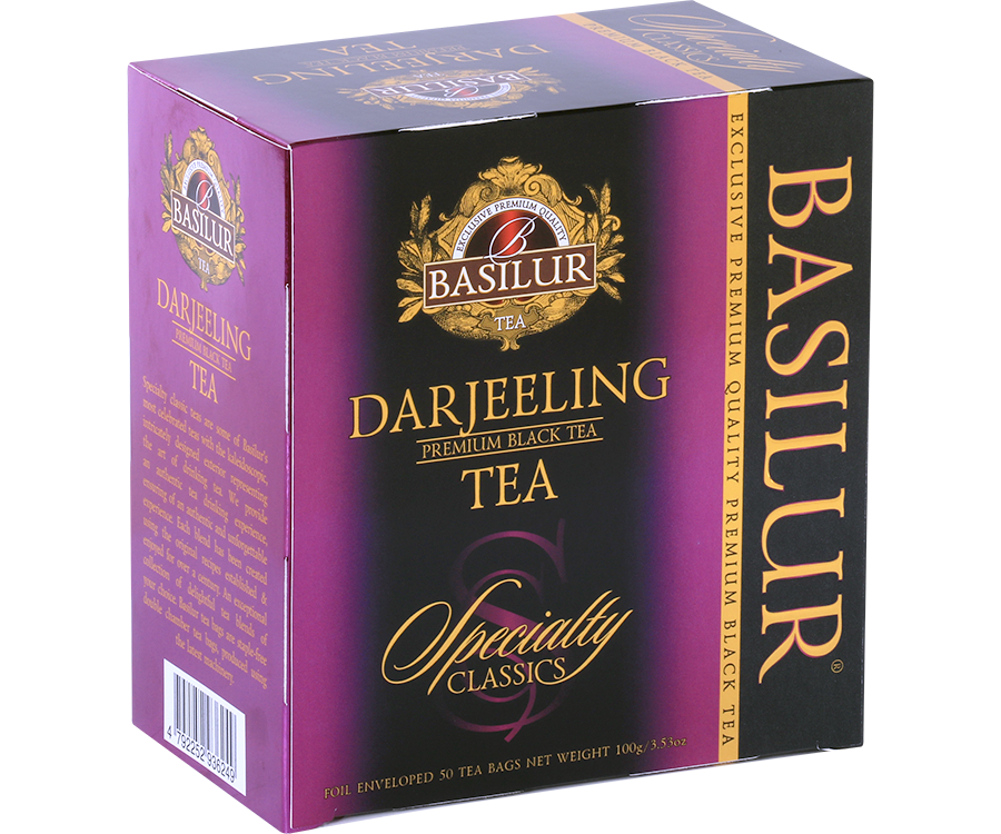 Basilur Darjeeling - czarna herbata indyjska Darjeeling. 50 torebek herbaty w fioletowym, ozdobnym pudełku z logo Basilur.