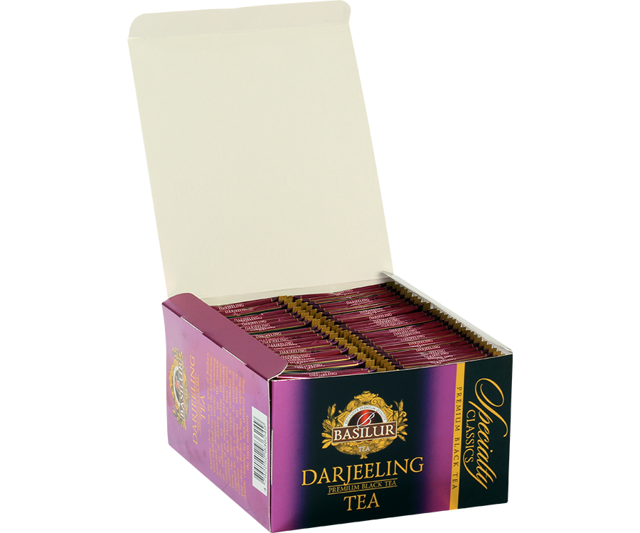 Basilur Darjeeling - czarna herbata indyjska Darjeeling. 50 torebek herbaty w fioletowym, ozdobnym pudełku z logo Basilur.