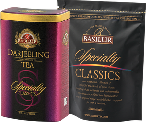 Basilur Darjeeling - czarna liściasta herbata indyjska o najwyższej klasie jakości. Ozdobna, fioletowa puszka.