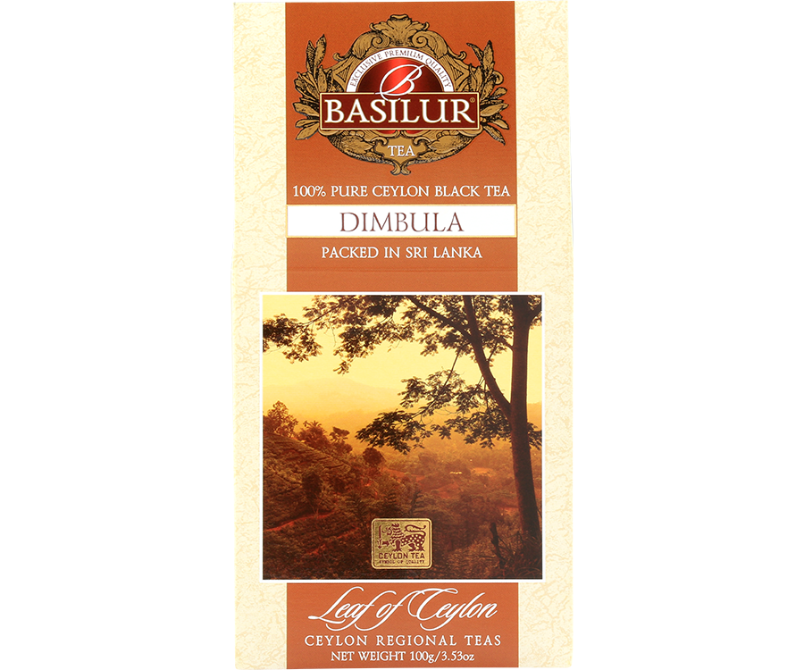 Basilur Dimbula - czarna herbata cejlońska bez dodatków, liściasta. Brązowe pudełko z górskim motywem.