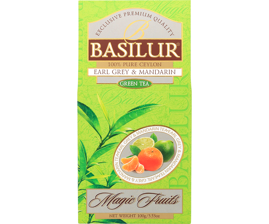Basilur Earl Grey Mandarin - zielona liściasta herbata cejlońska z morelą, kiwi, kwiatem pomarańczy oraz aromatem mandarynki i bergamotki. 100 gramów listków w zielonym, ozdobnym pudełku z logo Basilur.