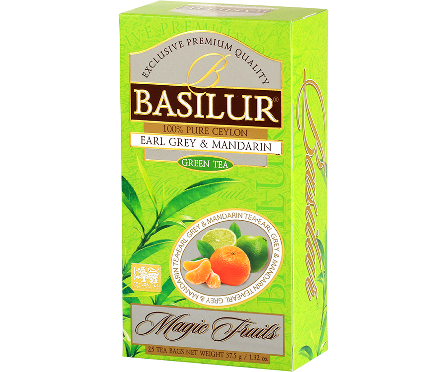 Basilur Earl Grey Mandarin - zielona herbata cejlońska z aromatem mandarynki i bergamotki. 25 torebek w ozdobnym, zielonym pudełku z logo Basilur. 