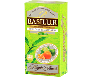 Basilur Earl Grey Mandarin - zielona herbata cejlońska z aromatem mandarynki i bergamotki. 25 torebek w ozdobnym, zielonym pudełku z logo Basilur. 