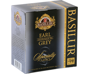 Basilur Earl Grey - czarna herbata cejlońska z bergamotką w kopertach. Ozdobne, srebrne pudełko z logo Basilur.